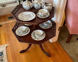 Japanese porcelain hand painted tea set on mahogany 2 tier stand
