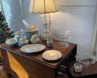 1920’s mahogany gate legged dining table with cut glass lamp