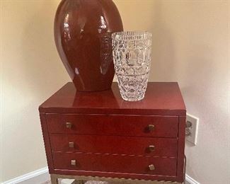 Lane late 1970’s red lacquer small chest on brass stand