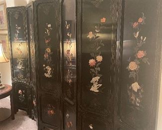 WWII era large 6 panel oriental screen with jade and carnelian inlaid fliers and birds