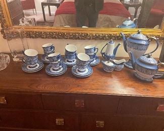 Bombay&Co. blue and white w/ platinum trim service for 12 tea set