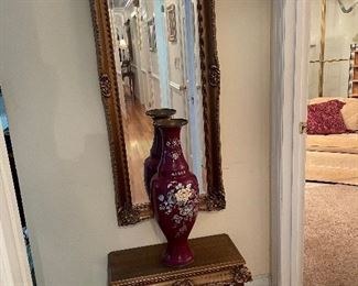Pier mirror w/stand and red lacquer w/ mother of pearl floral inlay