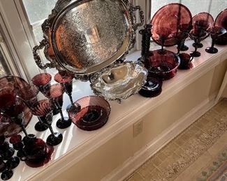 Large silver plate tray w/ blown amethyst glassware