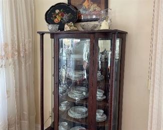 Tiger oak curved glass china cabinet 