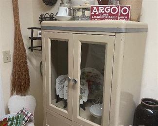 1940’s metal doctor’s office cabinet w/ crockery 