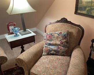 1920’s mahogany upholstered armchair w / marble top pedestal mahogany end table 