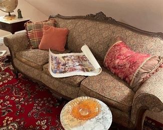 1920’s mahogany upholstered sofa and small marble top table