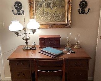 Federal mahogany desk w/ chair and original mid century oil of a barn