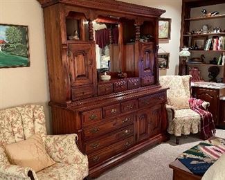 Broyhill pine hutch/ dresser w/ mirror and 2 wingback armchairs 