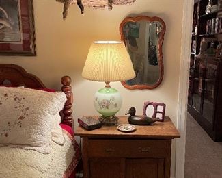 Oak washstand w/ Victorian oak mirror and old stuffed bobcat