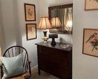 Tiger oak small dresser W/ Victorian mirror and Windsor rocker