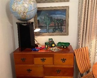 Pine chest w/  2 J. Law watercolor landscapes 