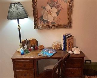Walnut desk w/ walnut desk chair and vintage Fisher Price pull toy elephant 