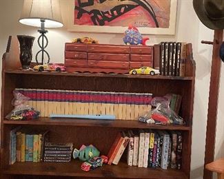 Pine bookcase with Lee Harris abstract oil painting, set of Zane Grey books and vintage toys games snd accessories 