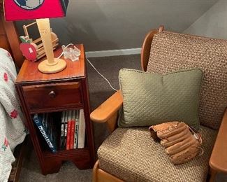 Cedar bedside table and maple armchair 