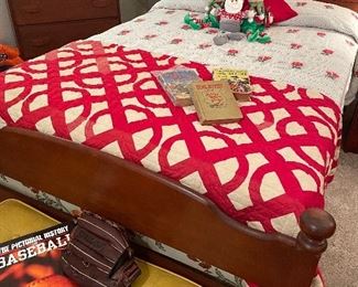 1940’s maple full size bed w/ vintage red and cream quilt and mid century bench with vintage accessories 