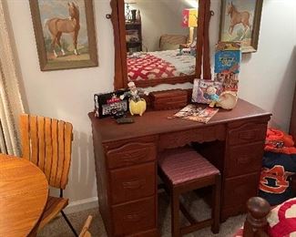 Mid century maple vanity and bench with vintage toys and accessories 