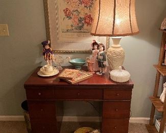 Mid century mahogany sewing cabinet w/ Madame Alexander dolls 