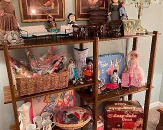 Shelf w/ Madame Alexander, Effenbee, and vintage Barbie dolls and Barbie furniture and accessories 