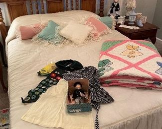 1960’s oak full size bed with vintage Girl Scout paraphernalia, Sunbonnet Sue quilt and vintage accessories 