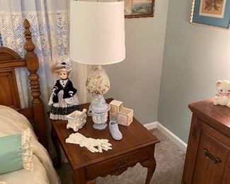 Other oak end table w/ Effenbee doll and vintage accessories 
