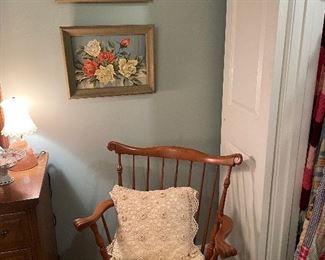 Maple Windsor rocker w/ vintage paint by number rose paintings and crocheted bed cover
