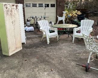Vintage metal cabinets and patio furniture 