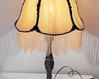 STAIN GLASS SLAG GLASS LAMP W BEADED FRINGE