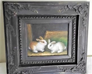 FABULOUS FRAMED BUNNY OIL PAINTING