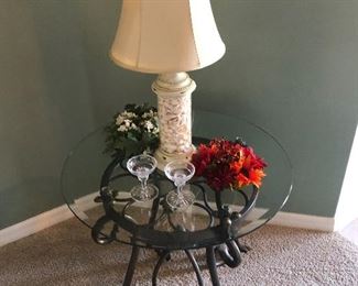 Metal glass top table 
Shell filled table lamp $35