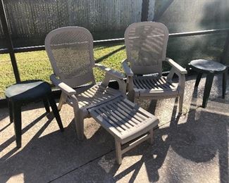 Plastic patio chairs with built in ottoman $30 both 
Pair of green plastic tables $8