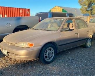 #412 • 2000 Chevrolet Prizm Year: 2000
Make: Chevrolet
Model: Prizm
Vehicle Type: Passenger Car
Mileage: 141,432
Plate:
Body Type: 4 Door Sedan
Trim Level: Base; LSi
Drive Line: FWD
Engine Type: L4, 1.8L
Fuel Type: Gasoline
Horsepower:
Transmission: