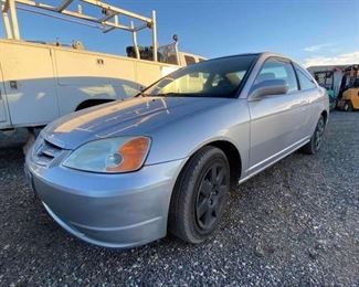 #146 • 2002 Honda Civic
Year: 2002
Make: Honda
Model: Civic
Vehicle Type: Passenger Car
Mileage: 172179
Plate:
Body Type: 2 Door Coupe
Trim Level: EX
Drive Line: FWD
Engine Type: L4, 1.7L; SOHC; VTEC
Fuel Type: Gasoline
Horsepower: 127HP
Transmission:
VIN #: 1HGEM22982L009727
