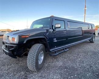#360 • 2007 Hummer H2 LimoYear: 2007
Make: Hummer
Model: H2
Vehicle Type: Multipurpose Vehicle (MPV)
Mileage:
Plate:
Body Type: 4 Door Wagon; Hard Top
Trim Level: Base
Drive Line: 4WD
Engine Type: V8, 6.0L
Fuel Type: Gasoline
Horsepower:
Transmission:
VIN #: 5GRGN23U17H103545