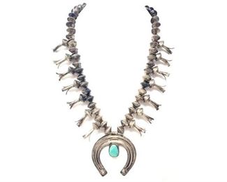 #604 • Native American Sterling Silver Turquoise Vintage Squash Blossom: Measures Approx 25" 
Weighs Approx 170g