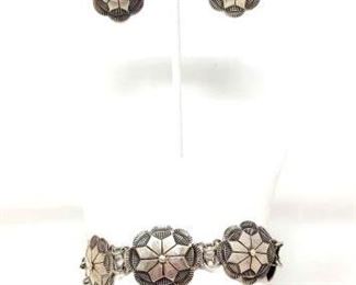 #630 • Vintage Sterling Silver Concho Clip On Earrings With Matching Vintage Sterling Silver Bracelet: Weighs Approx 23.9g 