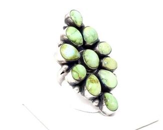 #646 • Native American Sterling Silver and Sonoran Gold Turquoise Chunk Cluster Ring: Beautiful Green Turquoise Cluster Ring artist Marked by B Johnson.. 
Weighs Approx 24.2g Size 10