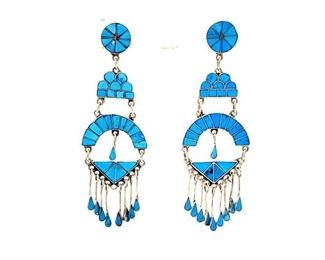 #662 • Native American Sterling Silver And Turquoise Inlay Dangle Earrings By Frederico Jimenez: Native American Sterling Silver Jewelry 27.1g Stamped Sterling Silver Stamped by artist J.F