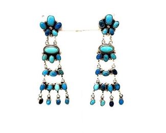 #664 • Native American Sterling Silver And Turquoise Chandelier Earrings By E. Spencer: 