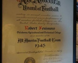 All American Football 1945 Bob Fenimore certificate
