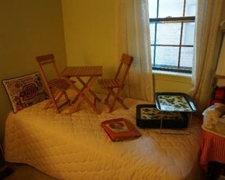 child table and chairs, twin bed, lap trays