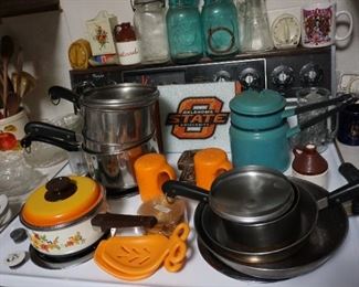 pots and pans, utensils, OSU mugs, jars, kitchen