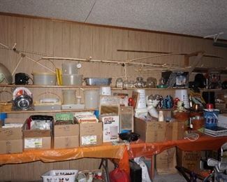Garage--Tupperware, books, plasticware, music, tools and more