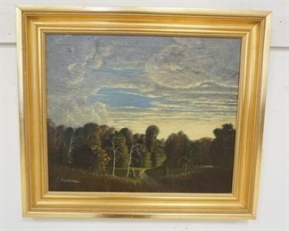 1012	TOZE SCHINDLER OIL ON CANVAS LANDSCAPE, FEATURES A WOMAN STANDING BY A COUNTRY PATH IN THE FOREGROUND. 29 1/2 IN X 25 1/2 IN INCLUDING FRAME
