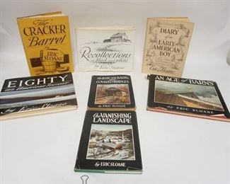 1026	7 ERIC SLOAN BOOKS, EIGHTY, AN AGE OF BARNS, DIARY OF AN EARLY AMEICAN BOY, THE CRACKER BARREL, OUR VANISHING LANDSCAPE, AMERICAN BARNS & COVERED BRIDGES, & RECOLLECTIONS IN BLACK & WHITE. ALL HAVE DUST JACKETS
