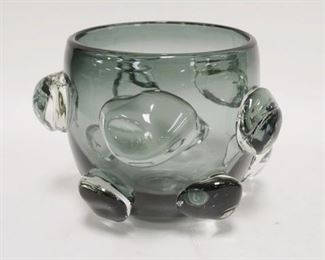 1074	SMOKE BLOWN GLASS VASE W/ APPLIED PRUNTS POLISHED PONTIL. 5 1/2 IN H 
