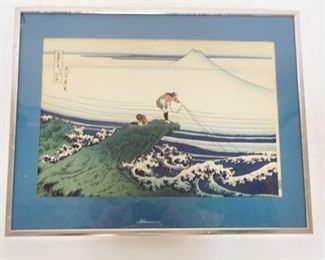 1077	KOSHU KAJIAZAWA WOODBLOCK PRINT OF A MAN FISHING W/ MOUNT FUJI IN THE BACKGROUND. 
