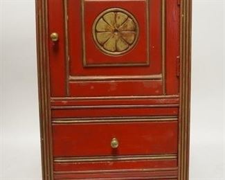 1088	SMALL CABINET ONE DOOR TWO DRAWERS PAINTED W/ GOLD TRIM. 11 1/2 IN W, 11 1/4 IN DEEP, 24 3/4 IN H 
