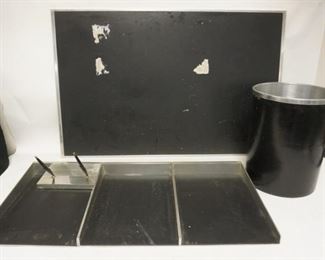 1089	SMITH METAL ARTS MIDCENTURY MODERN 5 PIECE DESK SET. BLOTTER HAS SOME PAPER STUCK TO IT. 37 IN X 23 1/2 IN, WASTE BASKET IS 13 1/4 IN H 
