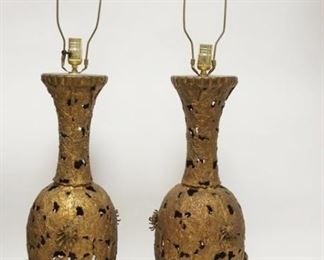 1110	PAIR OF TALL BRASS LAMPS W/OPEN LEAF DESIGN & RELIEF FLOWERS, WOODEN BASES, ONE HAS CORD CUT OFF, 40 1/2 IN HIGH
